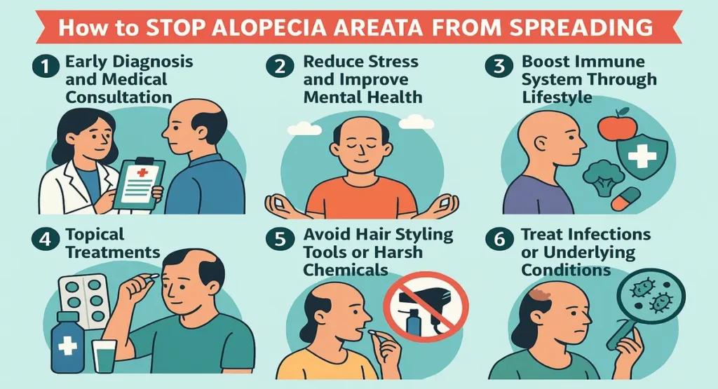 Infographic showing six ways to prevent alopecia areata from spreading, including early diagnosis, reducing stress, boosting immunity, using topical treatments, avoiding harsh chemicals, and treating underlying infections or conditions.