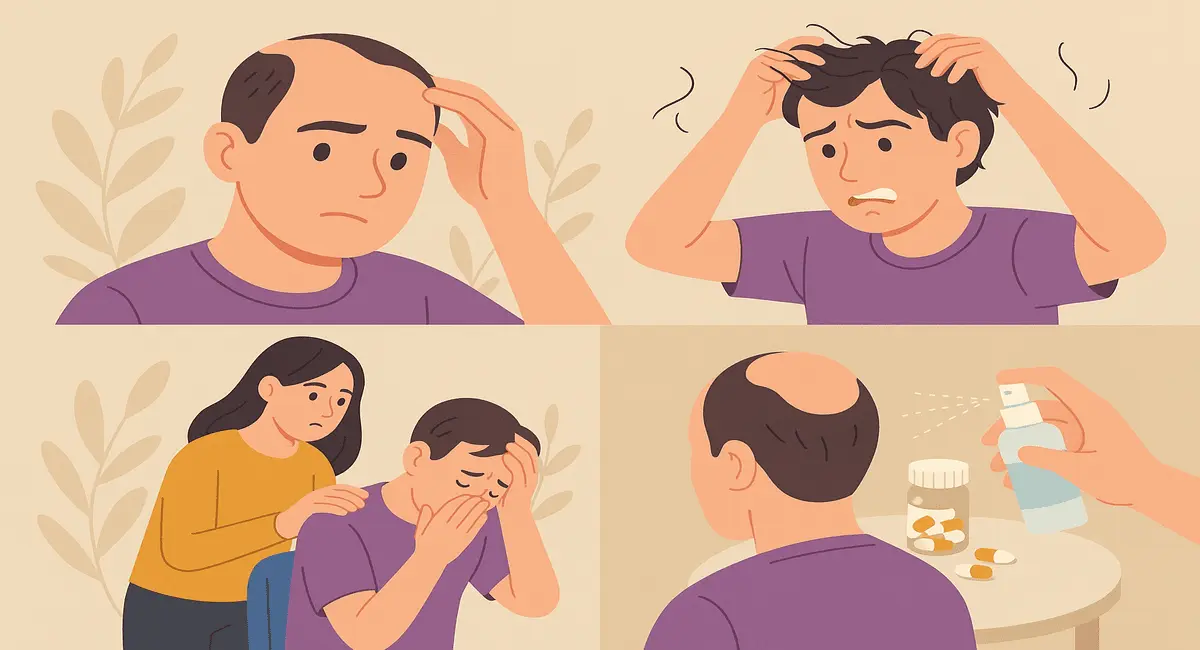 Illustration showing different stages of male hair loss due to alopecia areata, emotional distress from hair fall, support from a partner, and treatment options like sprays and supplements.