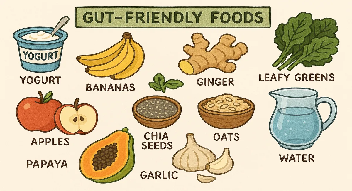 Illustration of gut friendly foods including yogurt, bananas, ginger, leafy greens, apples, papaya, chia seeds, oats, garlic, and water—best foods for digestion and gut health.