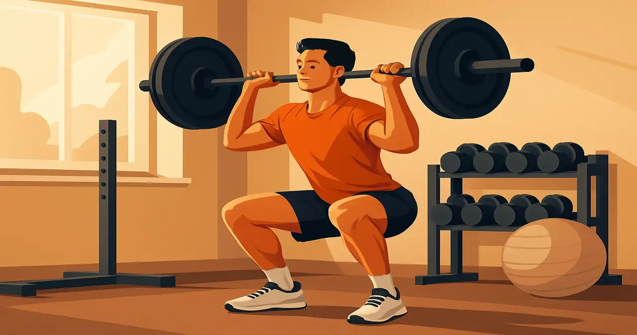 Man performing barbell squat in home gym for strength and endurance in functional training workouts