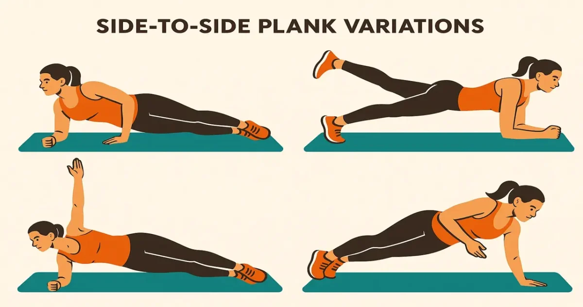 Illustration of side-to-side plank variations for core strength in functional training workouts