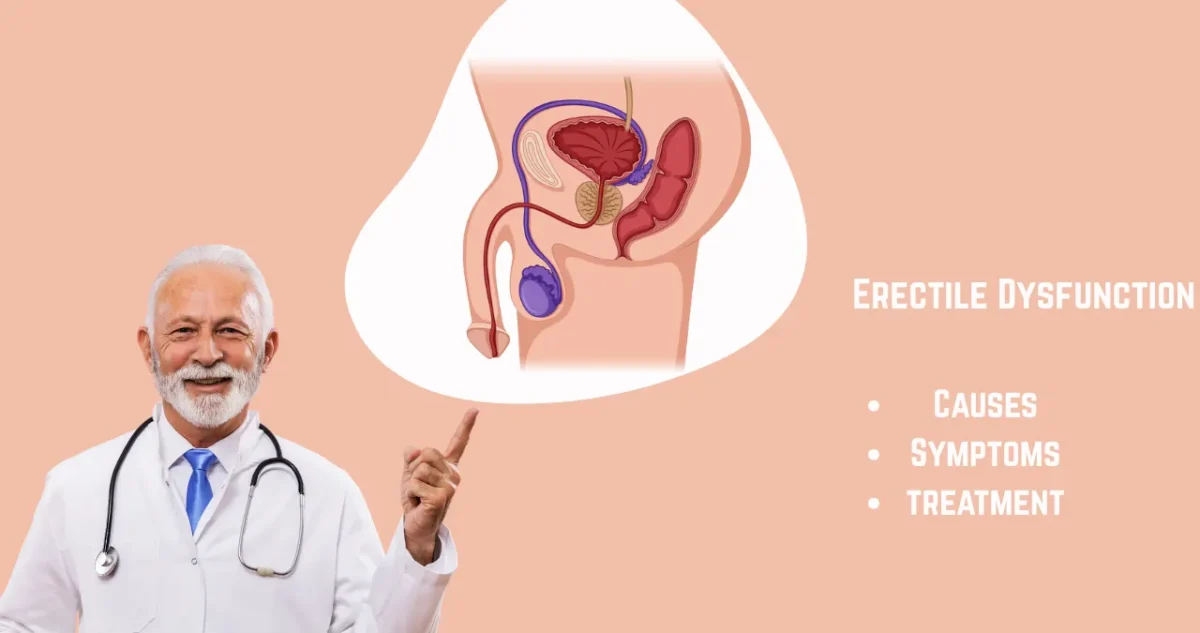 an image of a doctor pointing figure to make reproductive system and explaing about erectile dysfunction